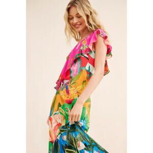 FARM RIO Mixed Flowery Ruffle One Strap Midi Dress Size L